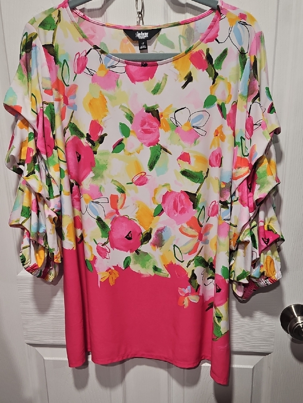 Investments Bright Floral  Top with Pink Hem Panel